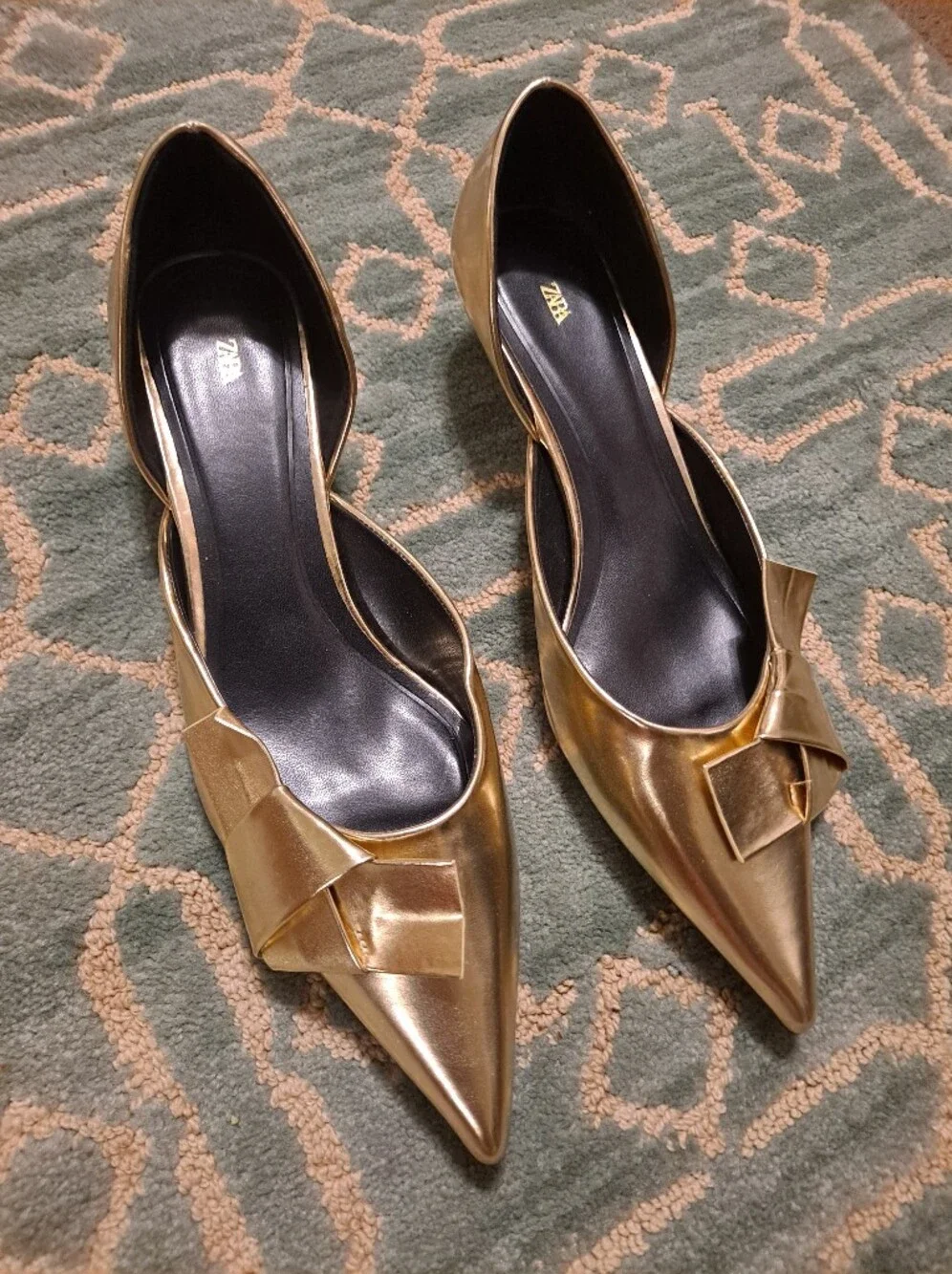 Zara Metallic Gold Pointed Bow D'Orsay With A Kitten Heel